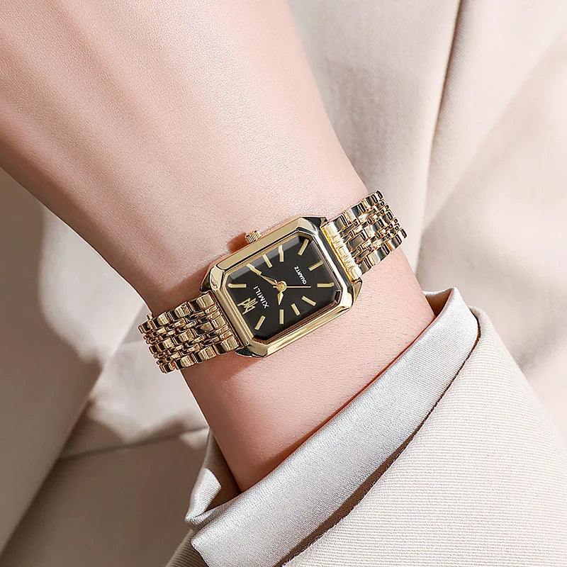 Reloj rectangular de cuarzo con correa de acero para mujer