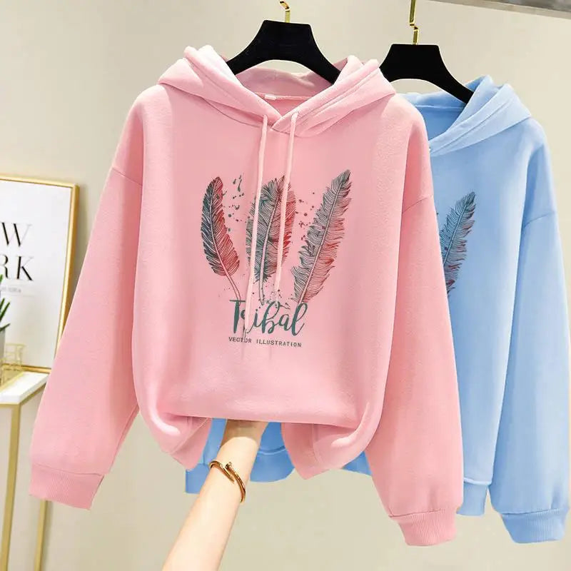 Sudadera con capucha estampado de plumas para mujer