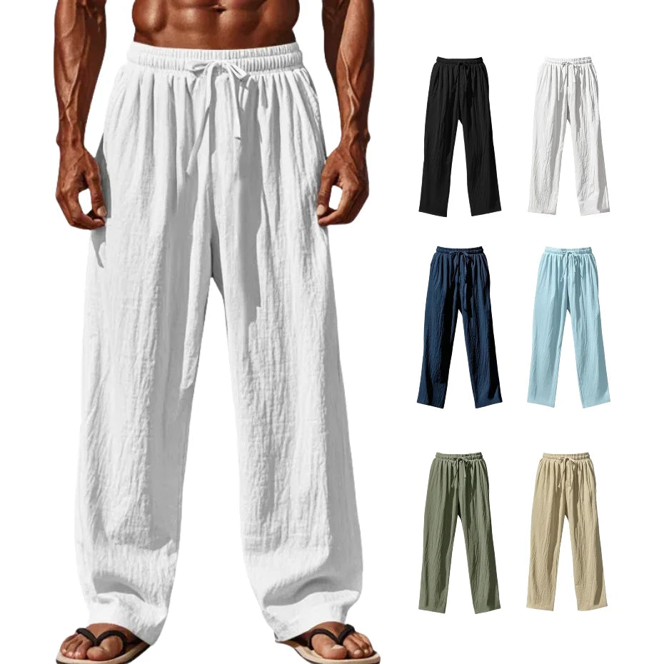 Pantalón recto de algodón y lino con cordón para hombre