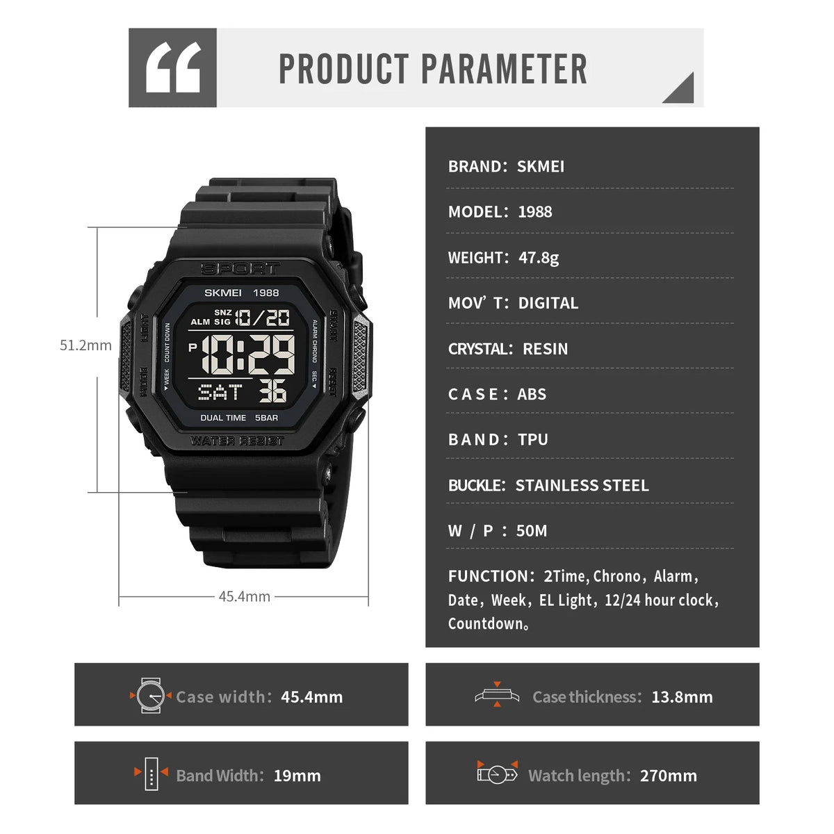 Reloj digital deportivo SKMEI 1988 para hombre