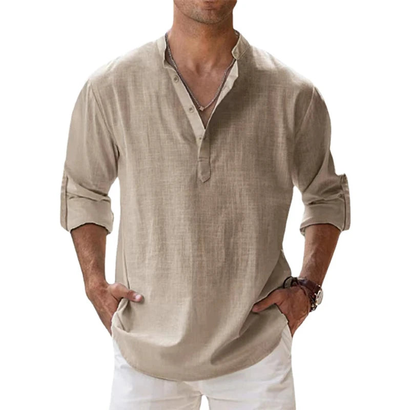 Camisa de lino y algodón manga larga para hombre