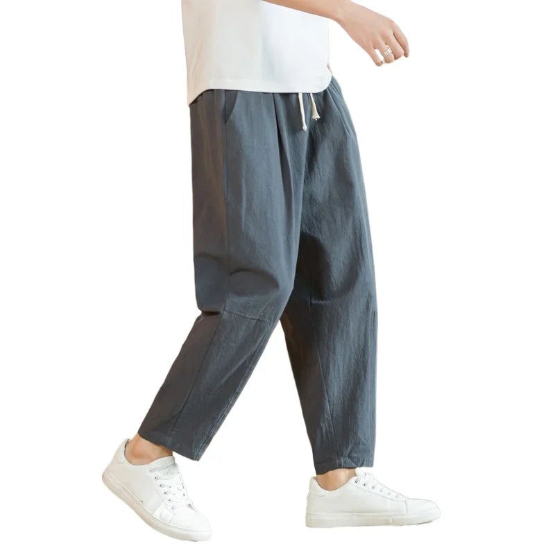 Pantalón de lino y algodón con cordón para hombre