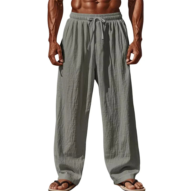 Pantalón recto de algodón y lino con cordón para hombre