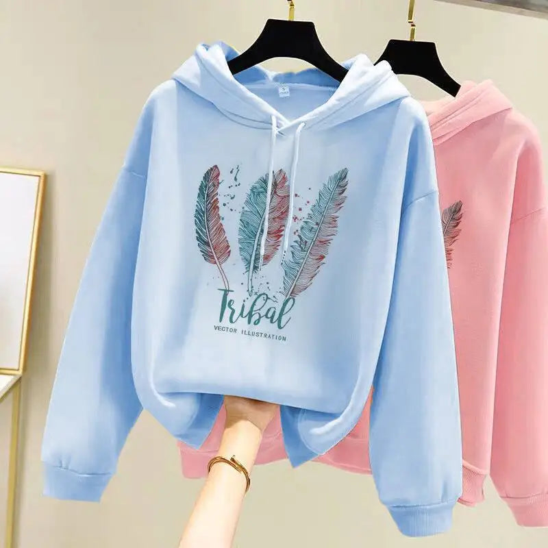 Sudadera con capucha estampado de plumas para mujer