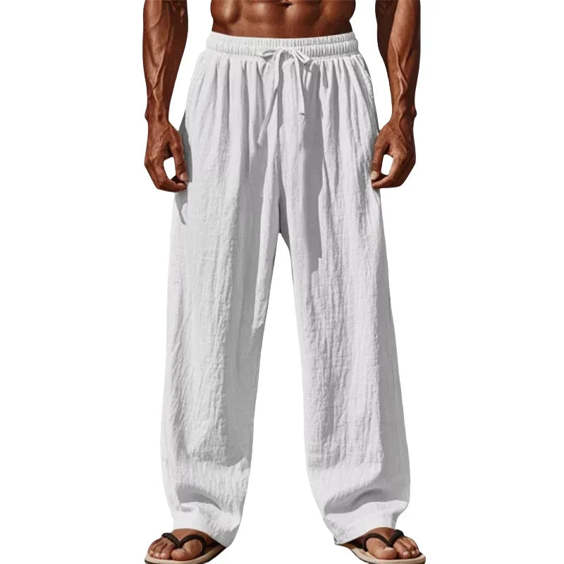 Pantalón recto de algodón y lino con cordón para hombre