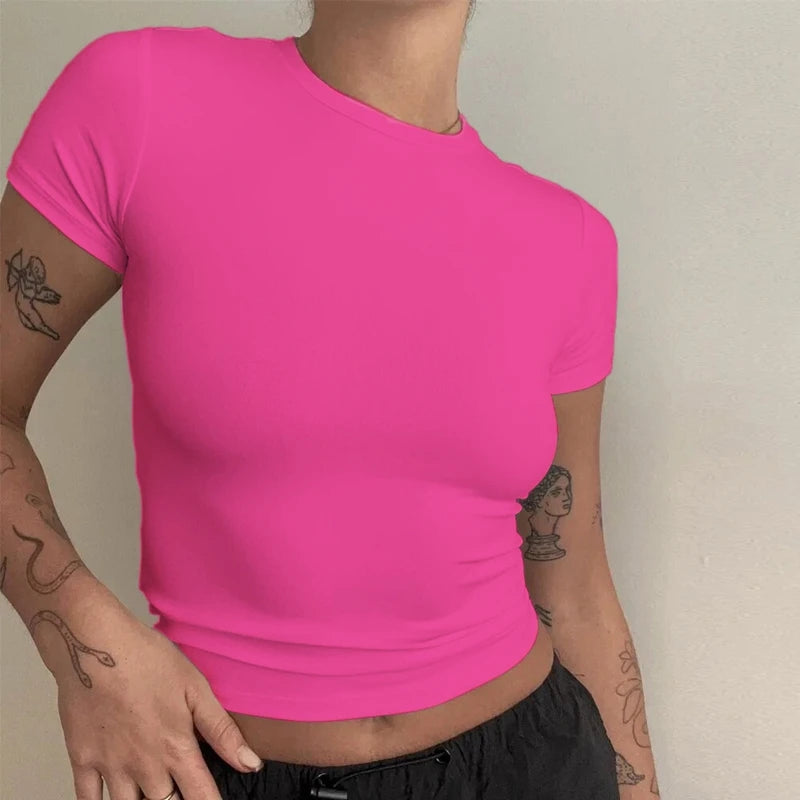 Camiseta de punto ajustada con cuello redondo para mujer