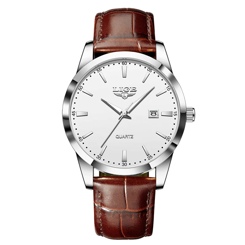 Reloj LIGE con correa de piel marrón para hombre