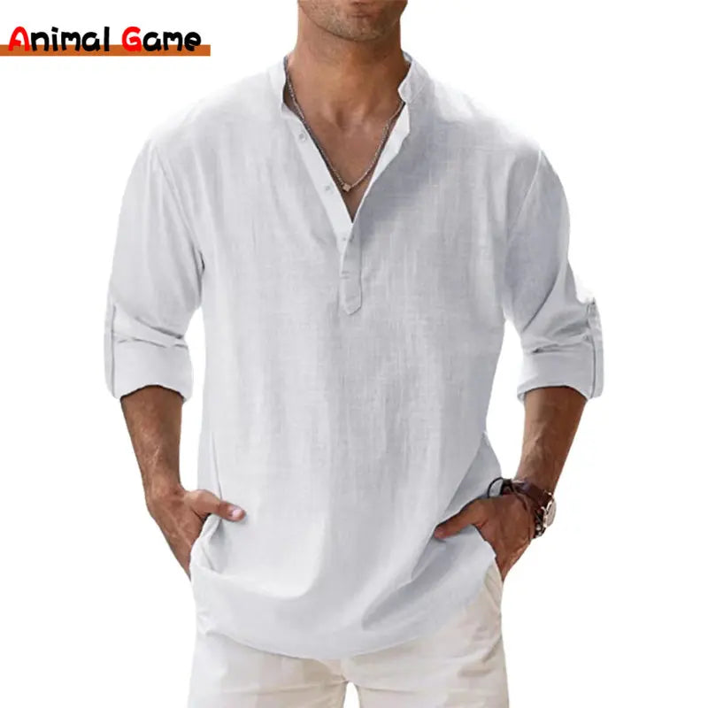 Camisa de lino y algodón manga larga para hombre