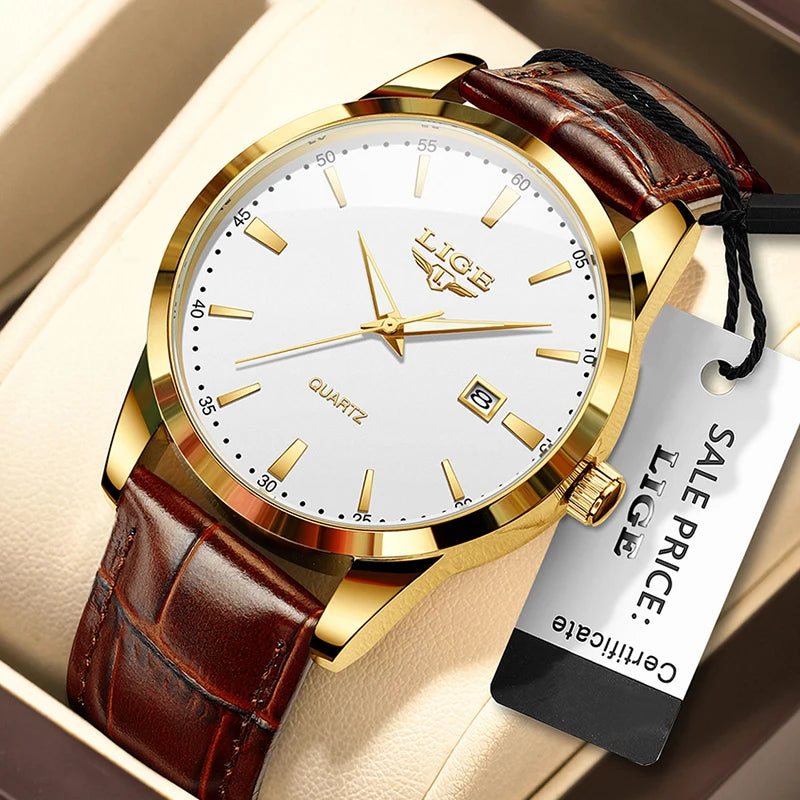 Reloj LIGE con correa de piel marrón para hombre