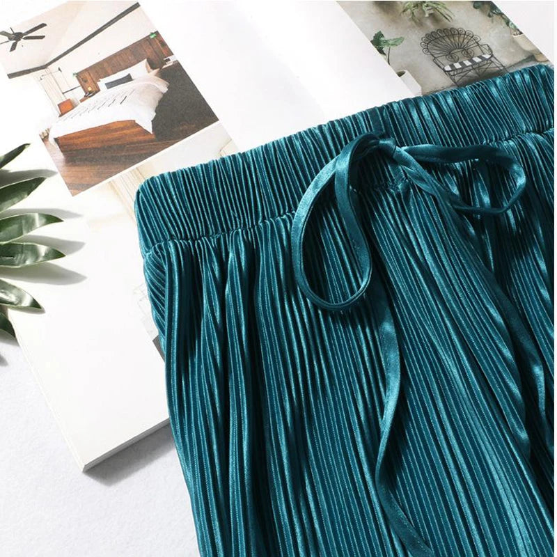Pantalón ancho plisado de seda fría para mujer
