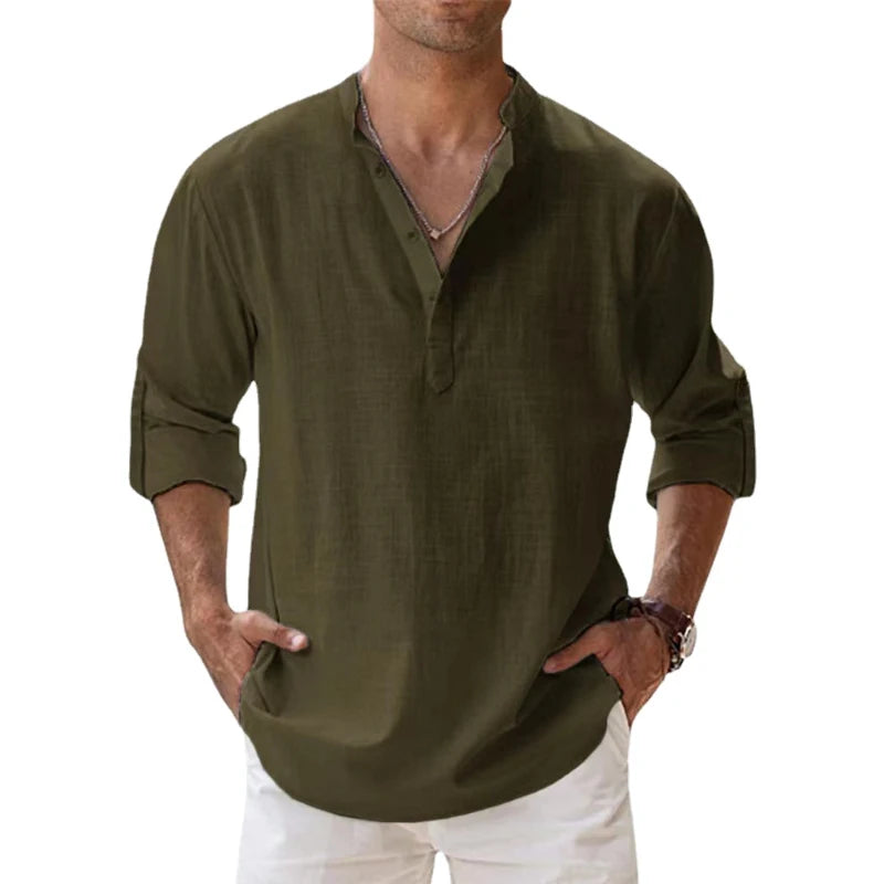 Camisa de lino y algodón manga larga para hombre