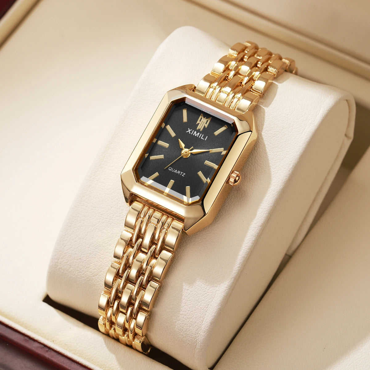 Reloj rectangular de cuarzo con correa de acero para mujer