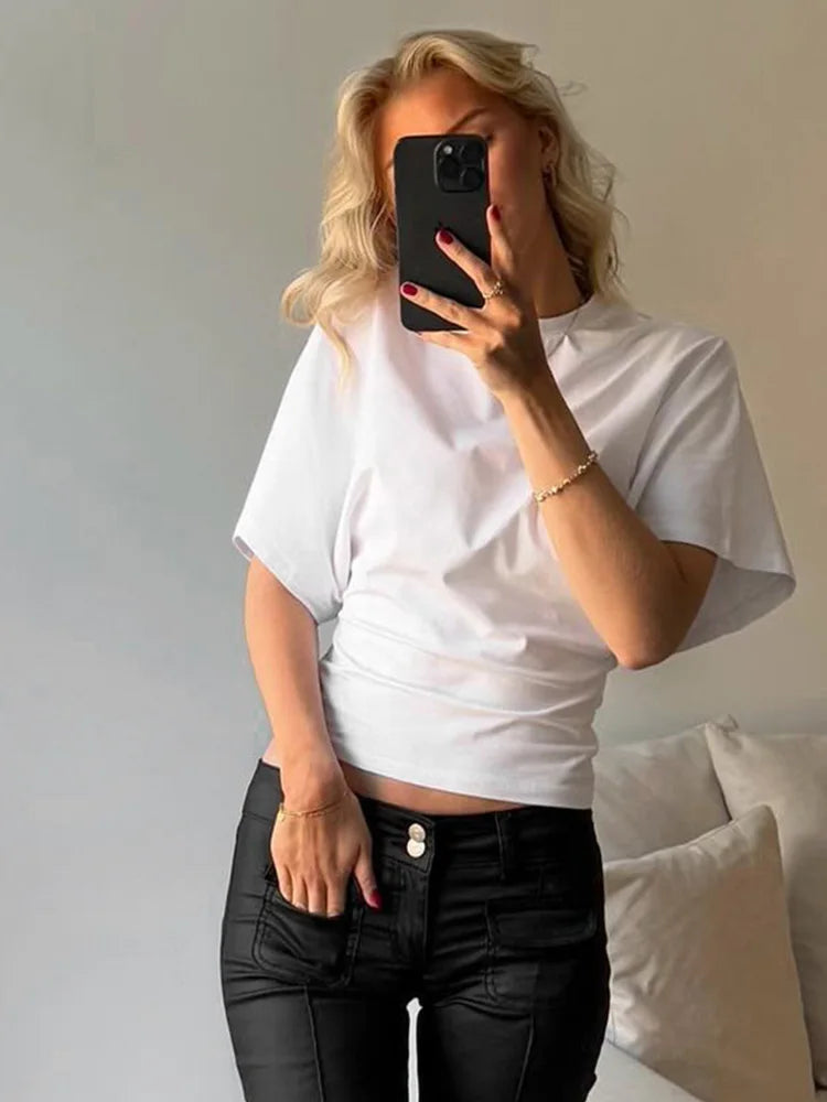Camiseta corta con cuello redondo y efecto corsé