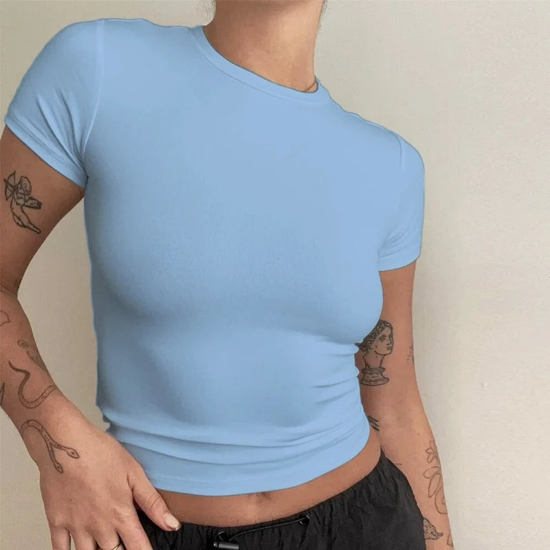 Camiseta de punto ajustada con cuello redondo para mujer
