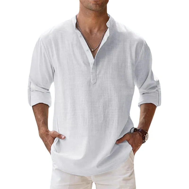 Camisa de lino y algodón manga larga para hombre