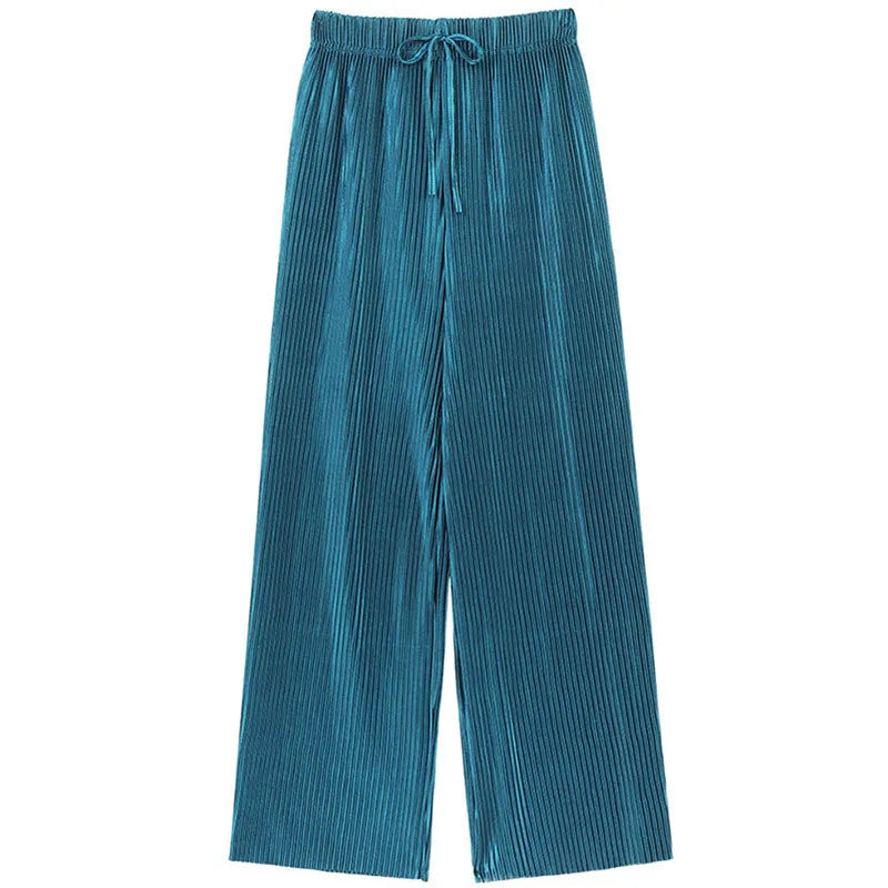 Pantalón ancho plisado de seda fría para mujer