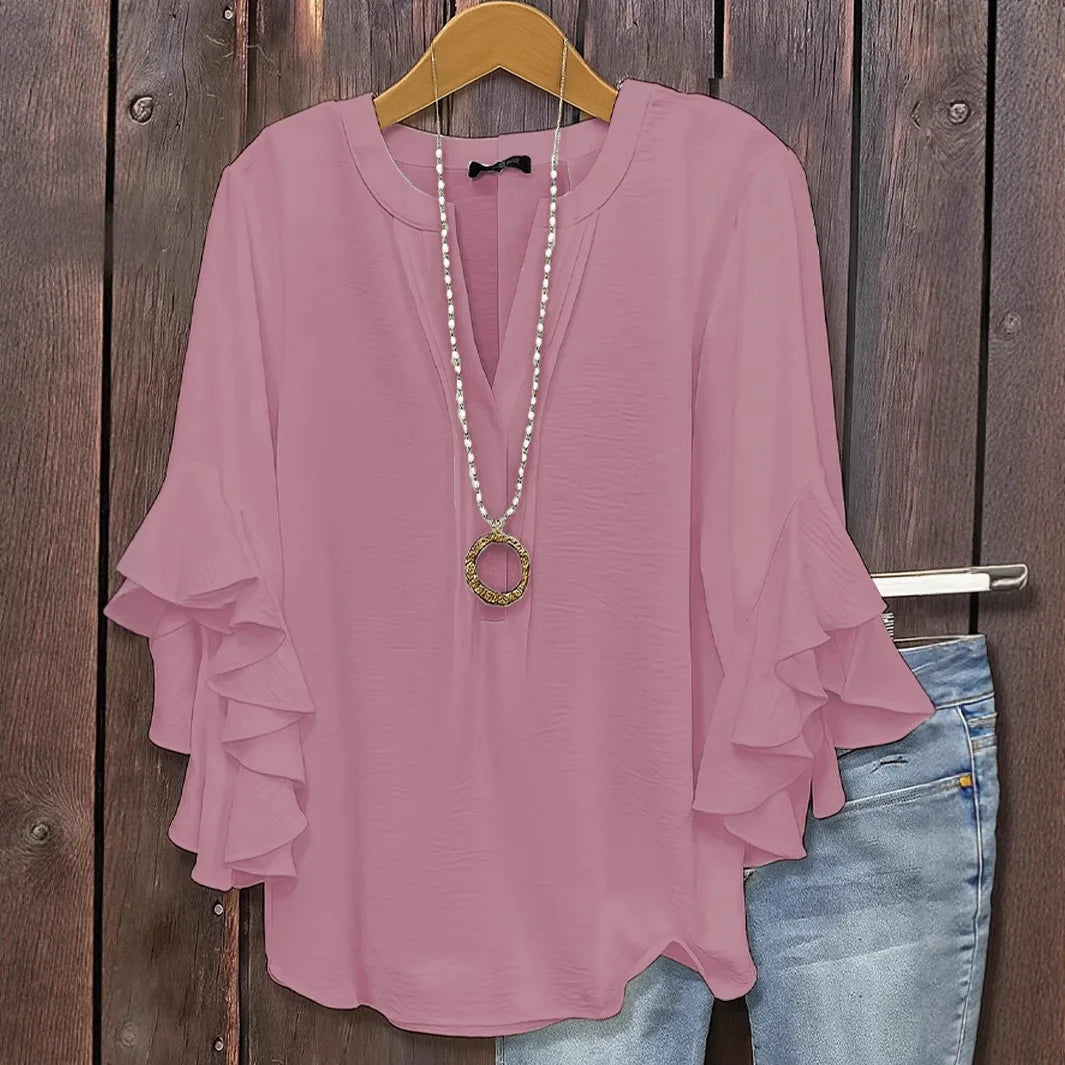 Blusa de gasa con manga de volantes y cuello en V