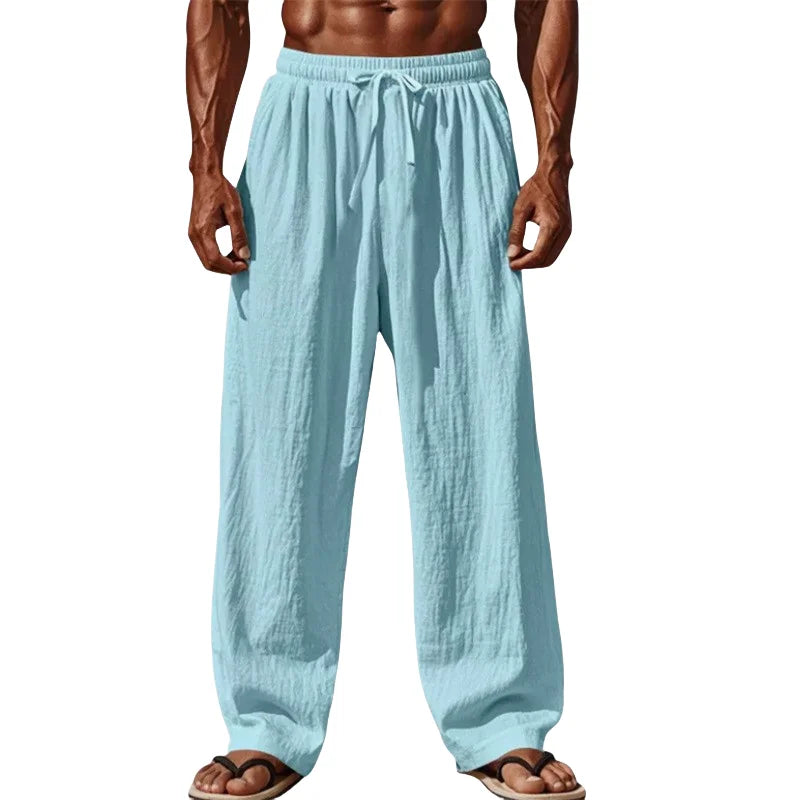 Pantalón recto de algodón y lino con cordón para hombre