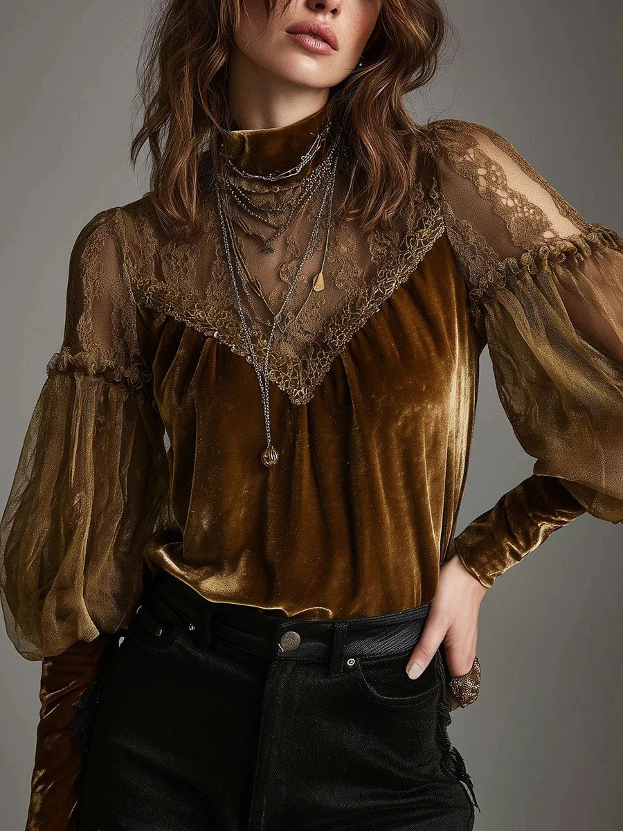 Blusa de terciopelo con detalle de encaje
