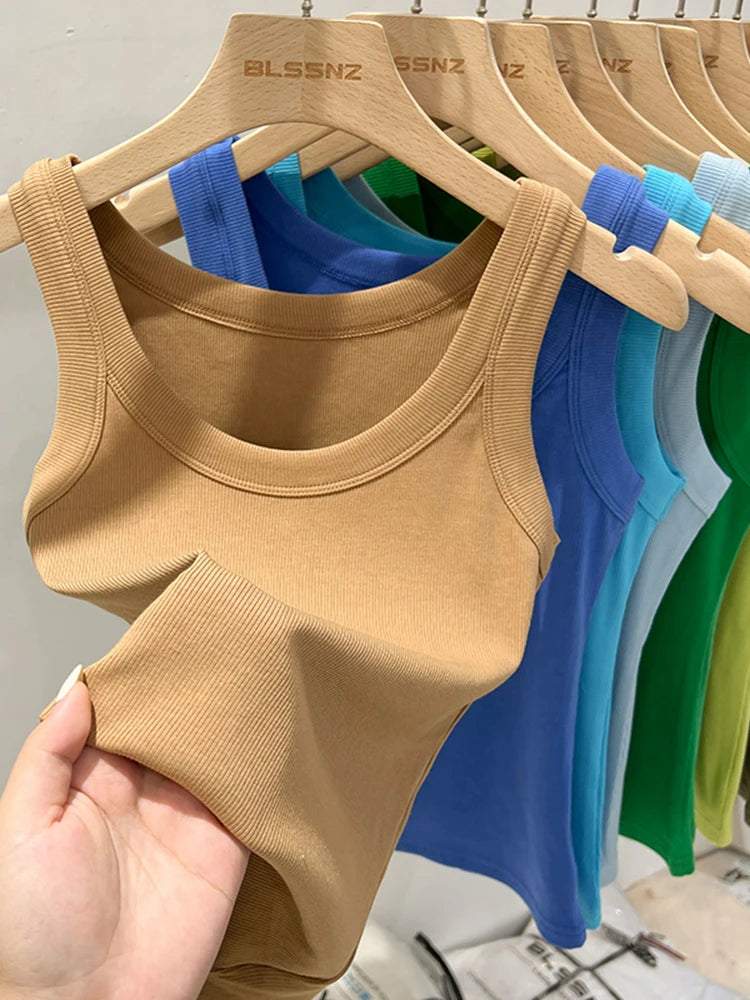 Camiseta de tirantes de canalé con cuello redondo para mujer