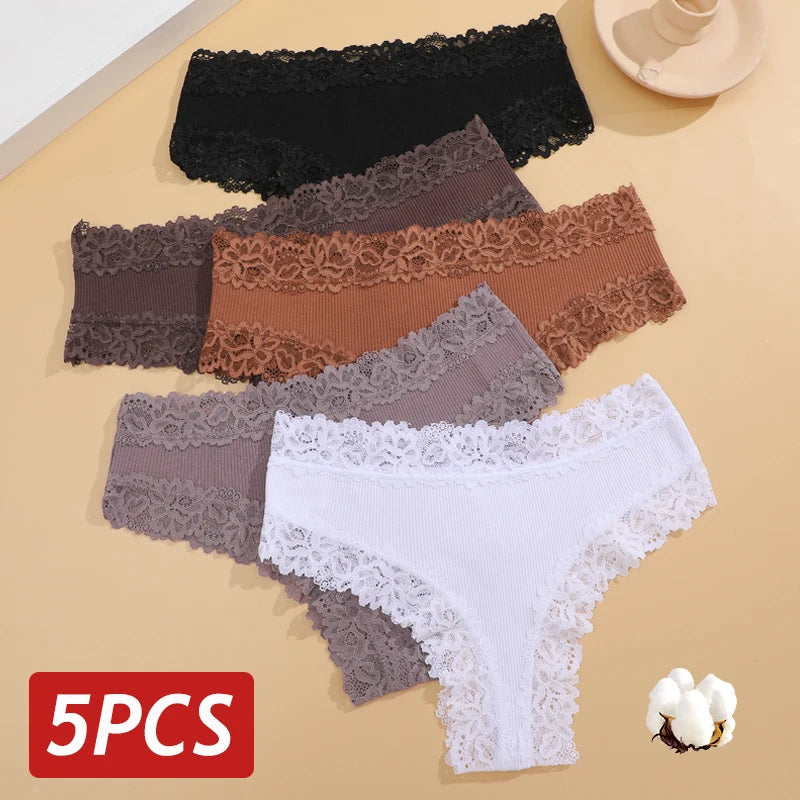 Pack de 5 braguitas brasileñas de algodón con encaje
