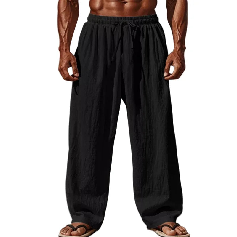 Pantalón recto de algodón y lino con cordón para hombre