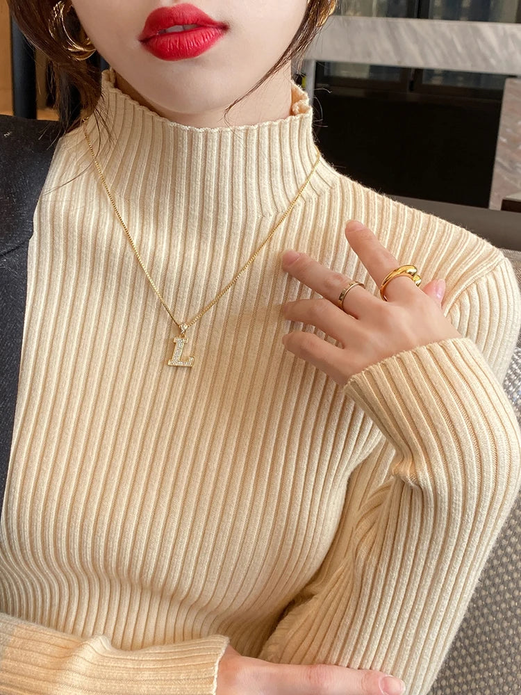 Jersey de punto con cuello alto básico para mujer