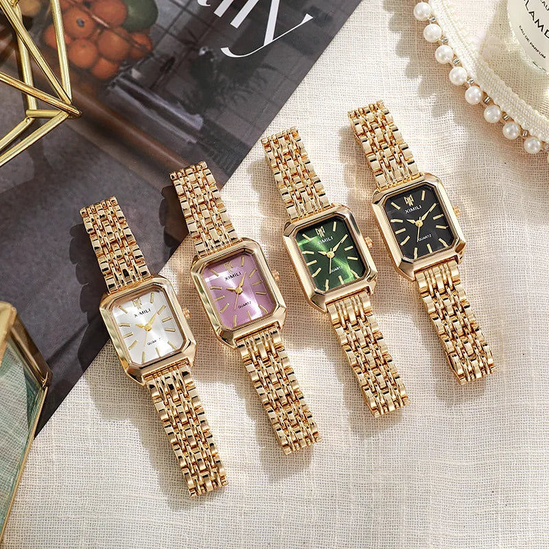 Reloj rectangular de cuarzo con correa de acero para mujer