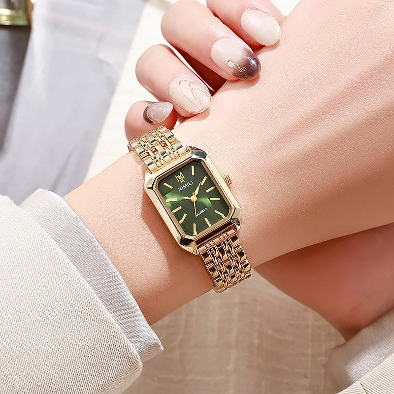 Reloj rectangular de cuarzo con correa de acero para mujer