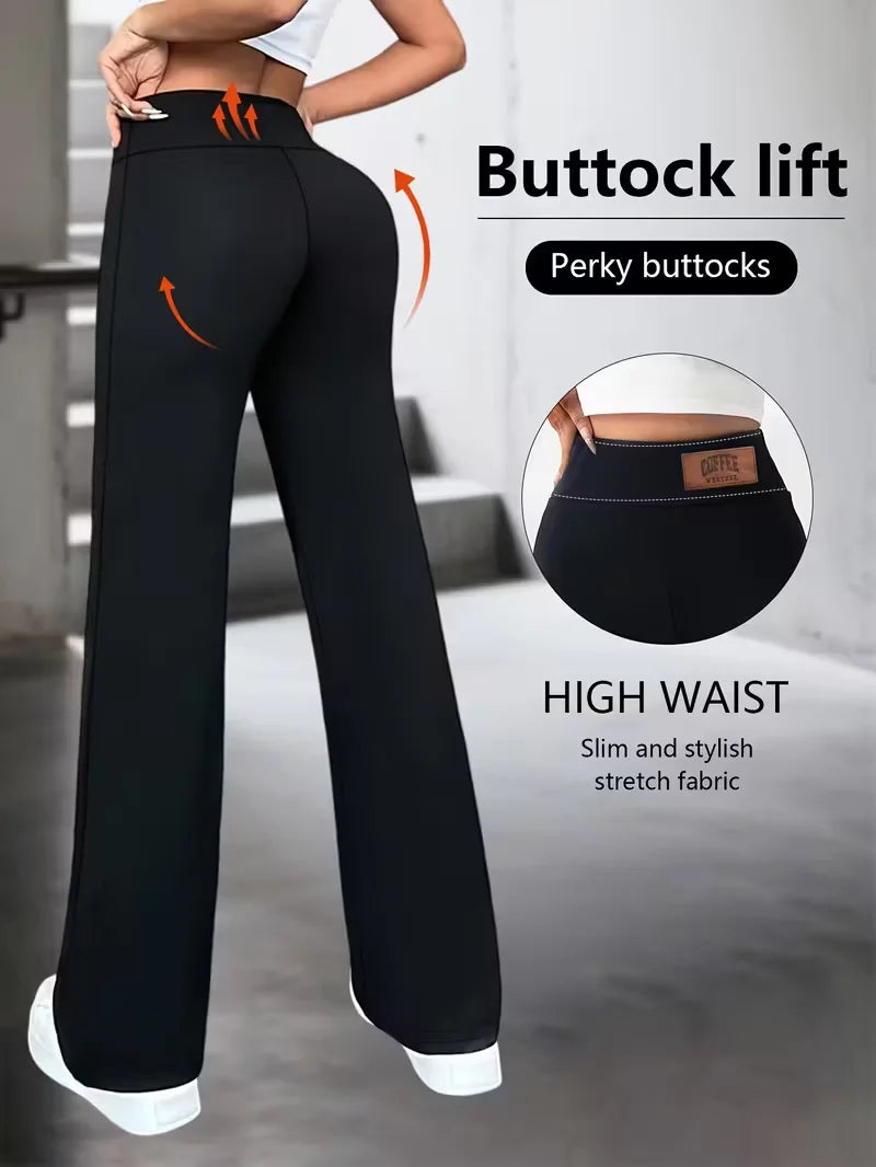 Pantalón recto elástico negro de tiro alto