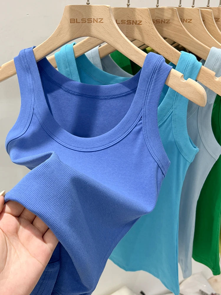 Camiseta de tirantes de canalé con cuello redondo para mujer