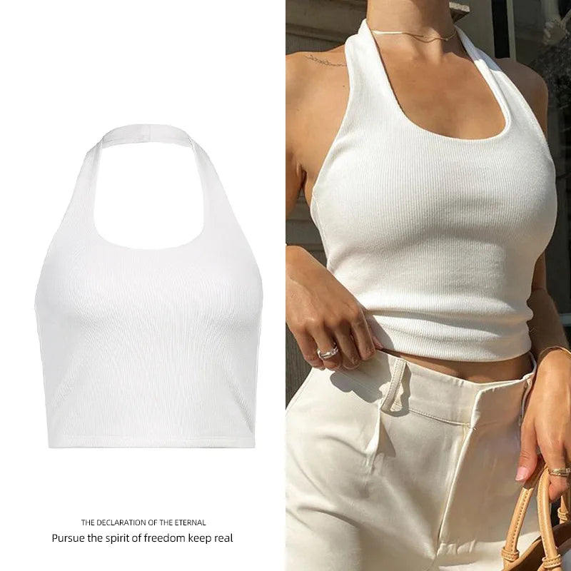 Top corto halter de canalé con espalda descubierta