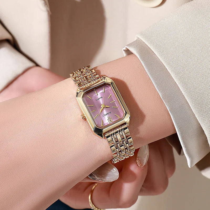 Reloj rectangular de cuarzo con correa de acero para mujer