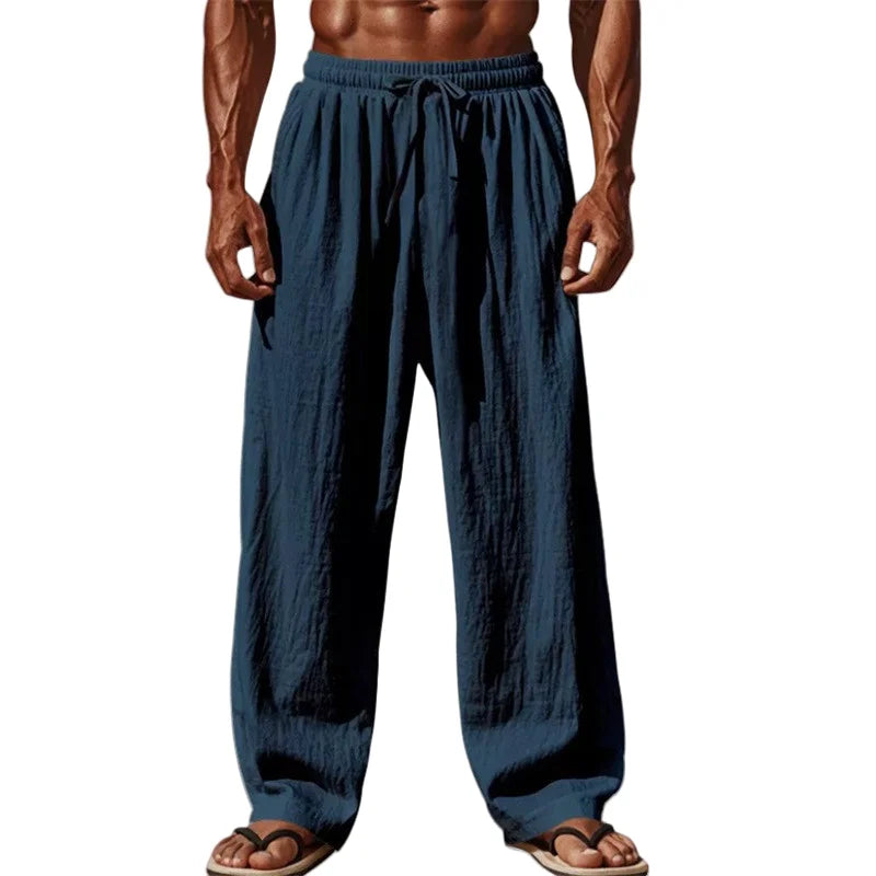 Pantalón recto de algodón y lino con cordón para hombre