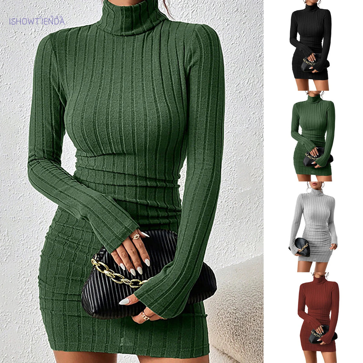 Vestido de punto de cuello alto y manga larga