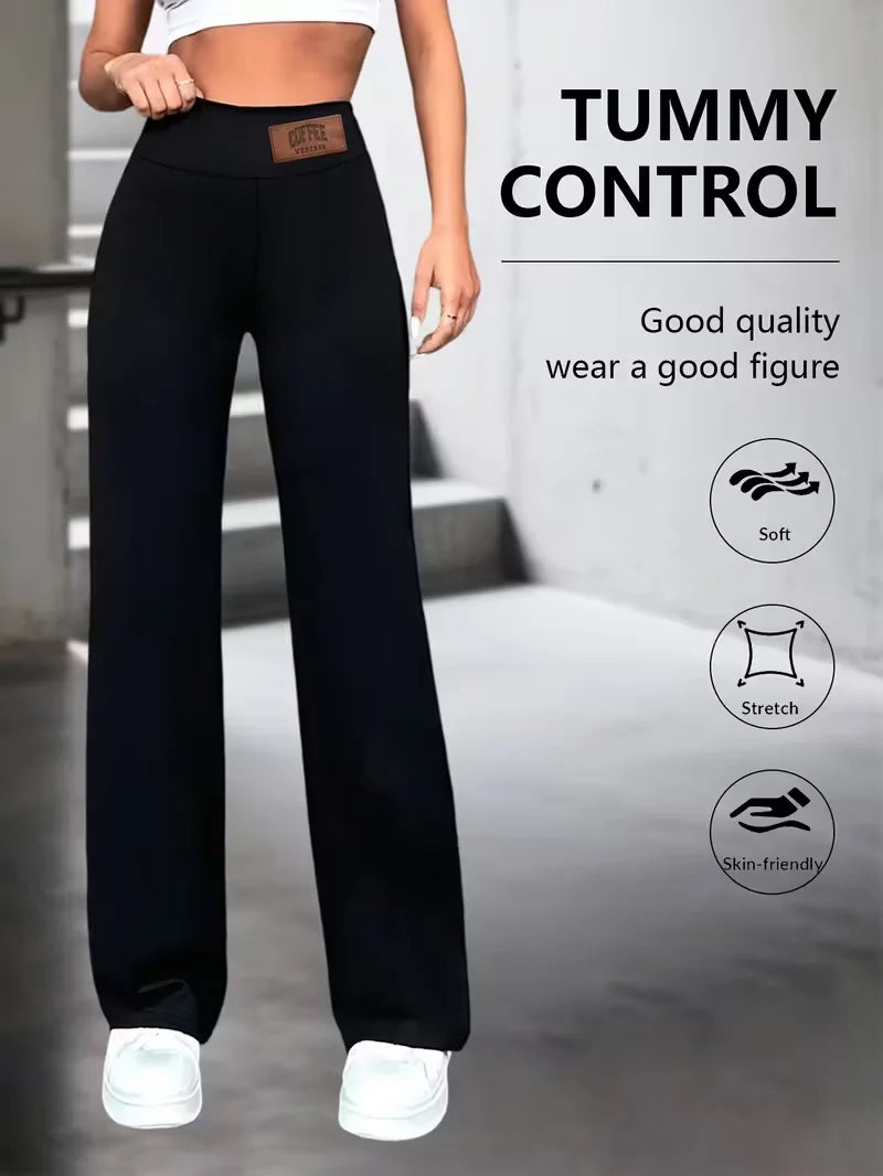 Pantalón recto elástico negro de tiro alto