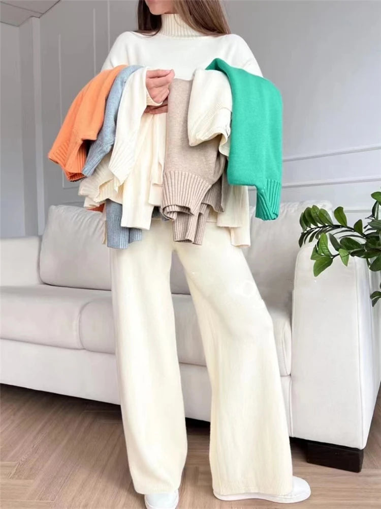 Conjunto de punto de cuello alto: jersey y pantalón ancho