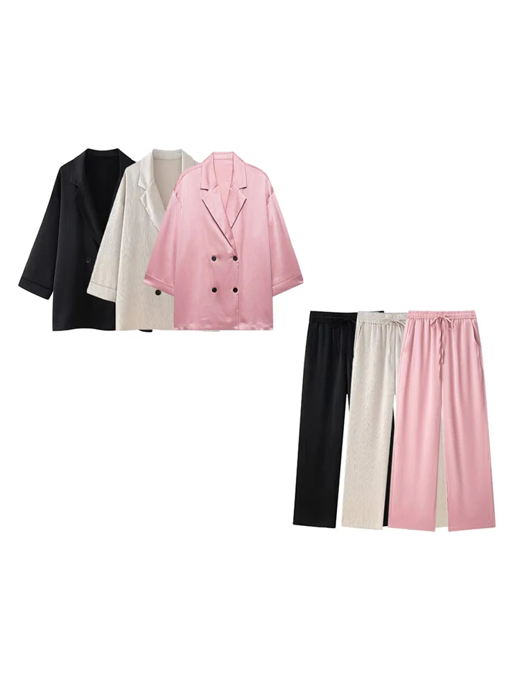 Traje de blazer cruzado y pantalón ancho