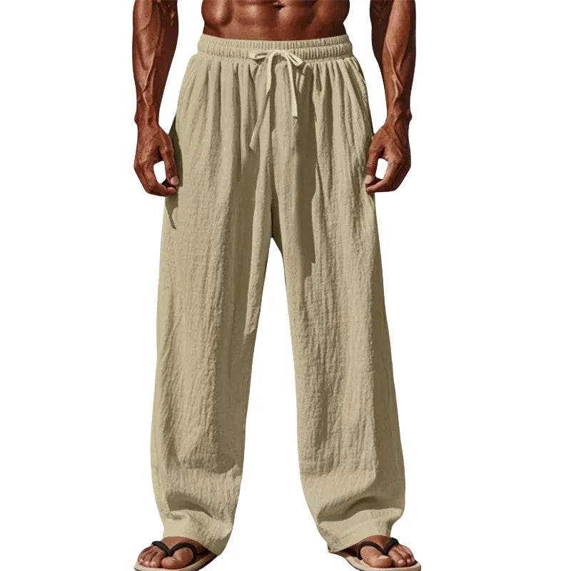 Pantalón recto de algodón y lino con cordón para hombre