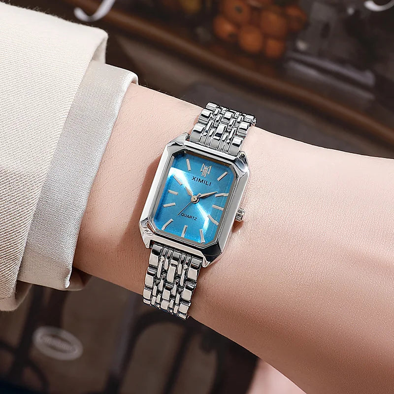 Reloj rectangular de cuarzo con correa de acero para mujer
