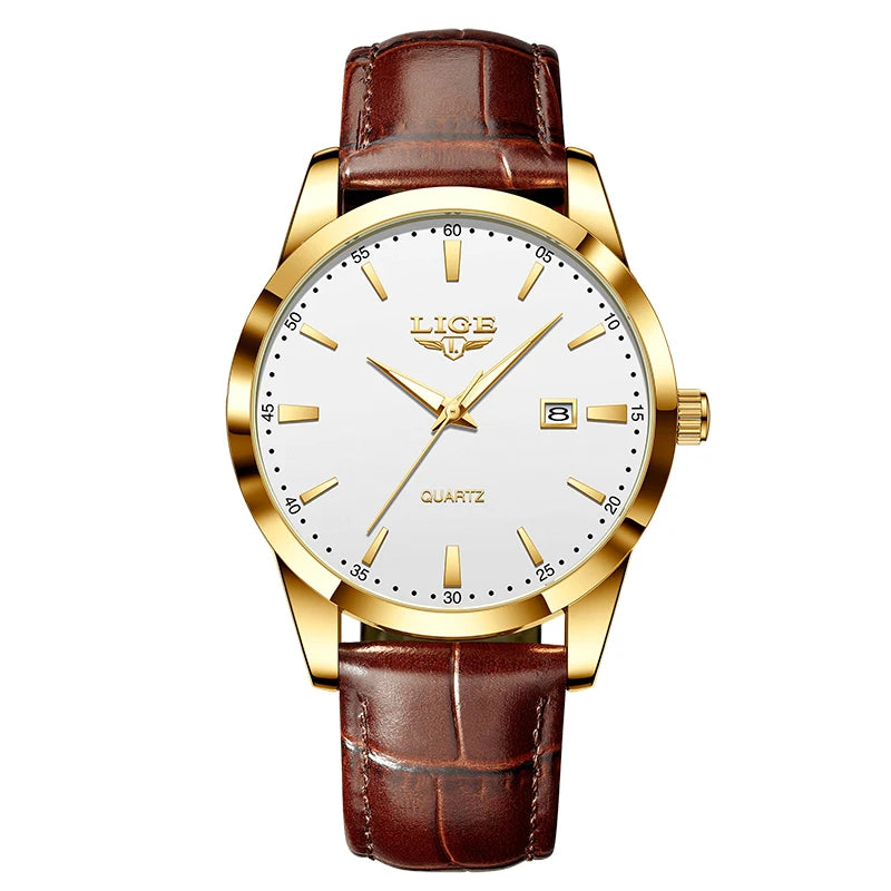 Reloj LIGE con correa de piel marrón para hombre
