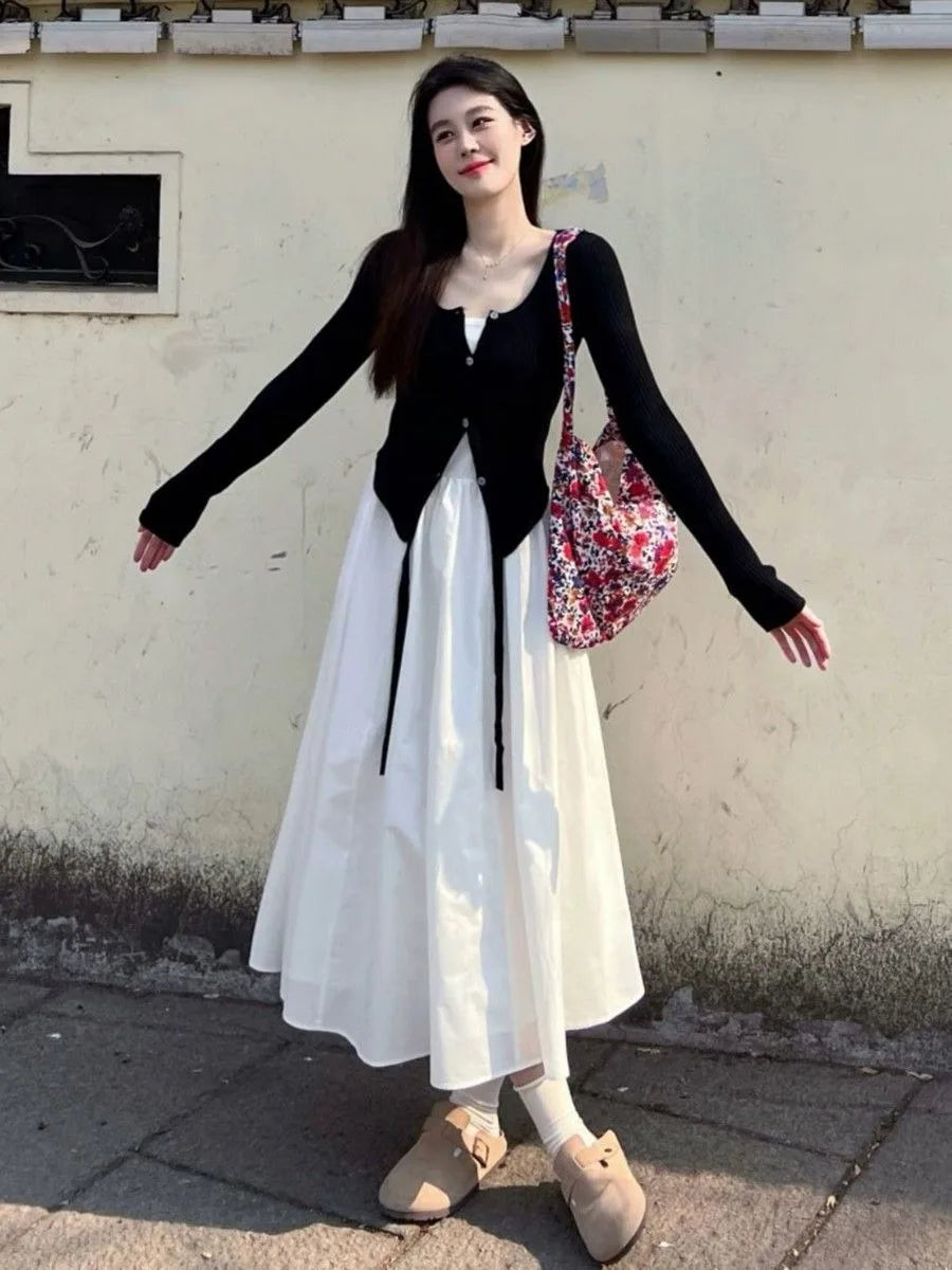 Conjunto de chaqueta de punto y vestido largo