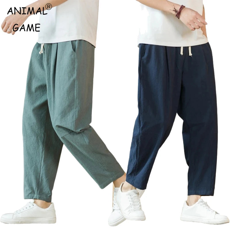 Pantalón de lino y algodón con cordón para hombre