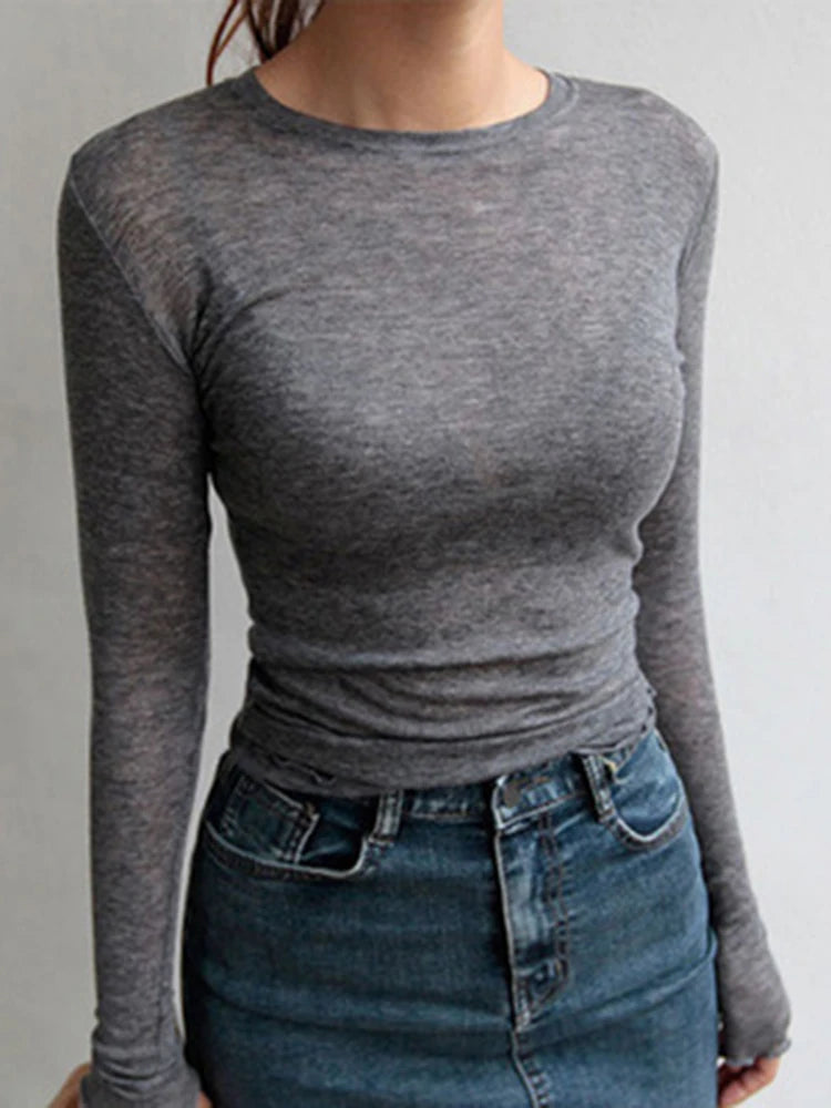 Camiseta básica elástica de manga larga para mujer