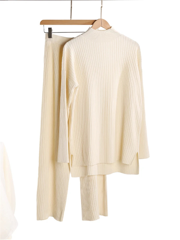 Conjunto de punto de cuello alto: jersey y pantalón ancho
