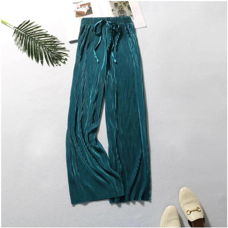 Pantalón ancho plisado de seda fría para mujer