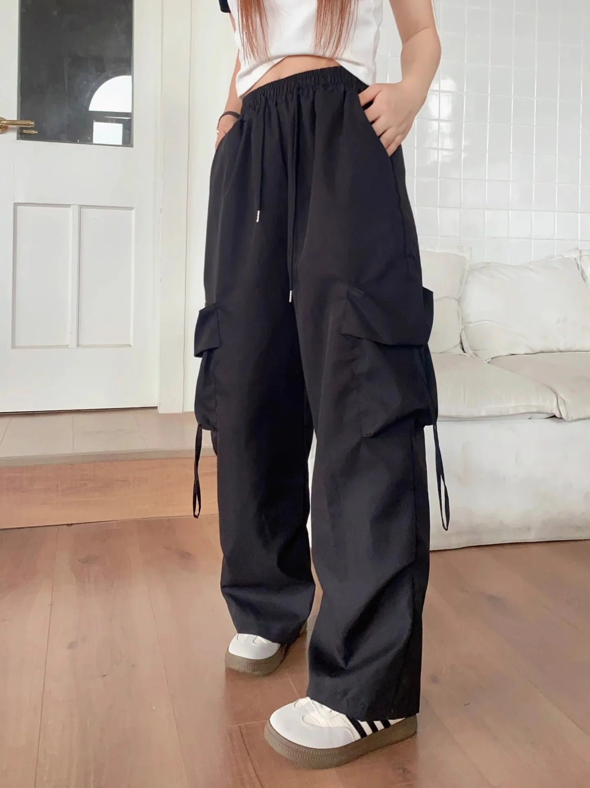 Pantalón vintage de cintura alta con bolsillos para mujer