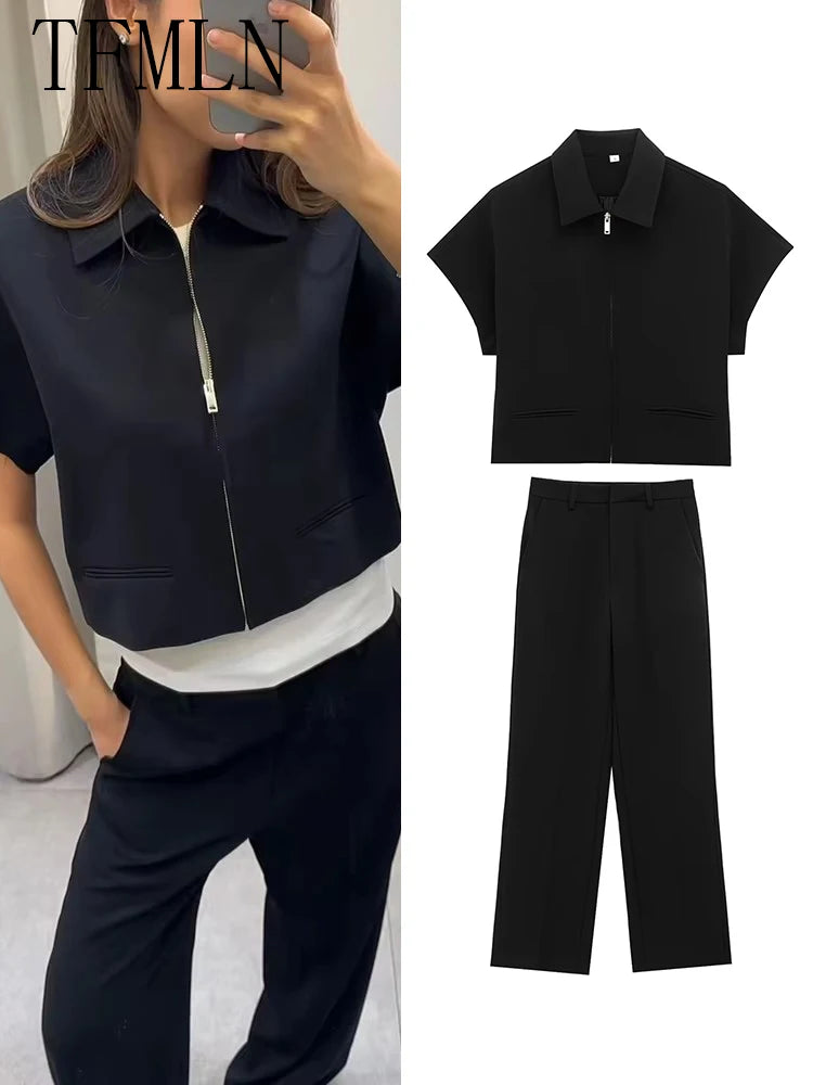 Conjunto de chaqueta corta con cremallera y pantalón