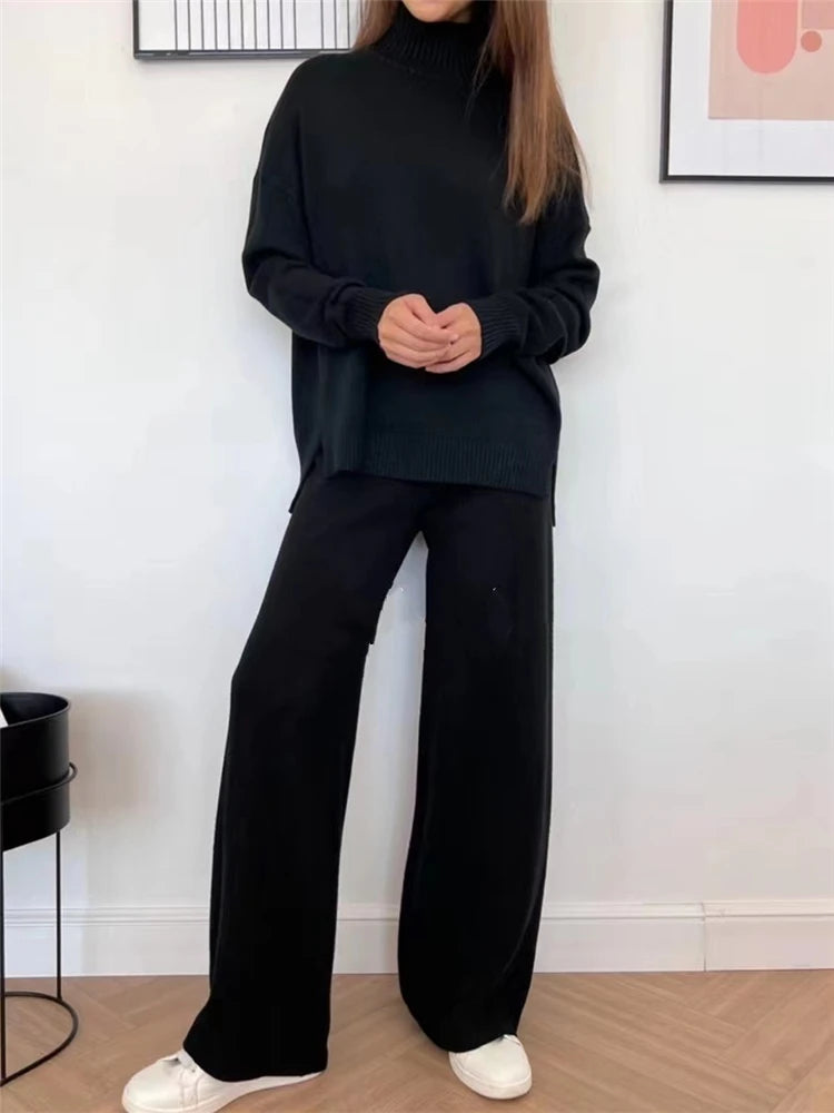 Conjunto de punto de cuello alto: jersey y pantalón ancho