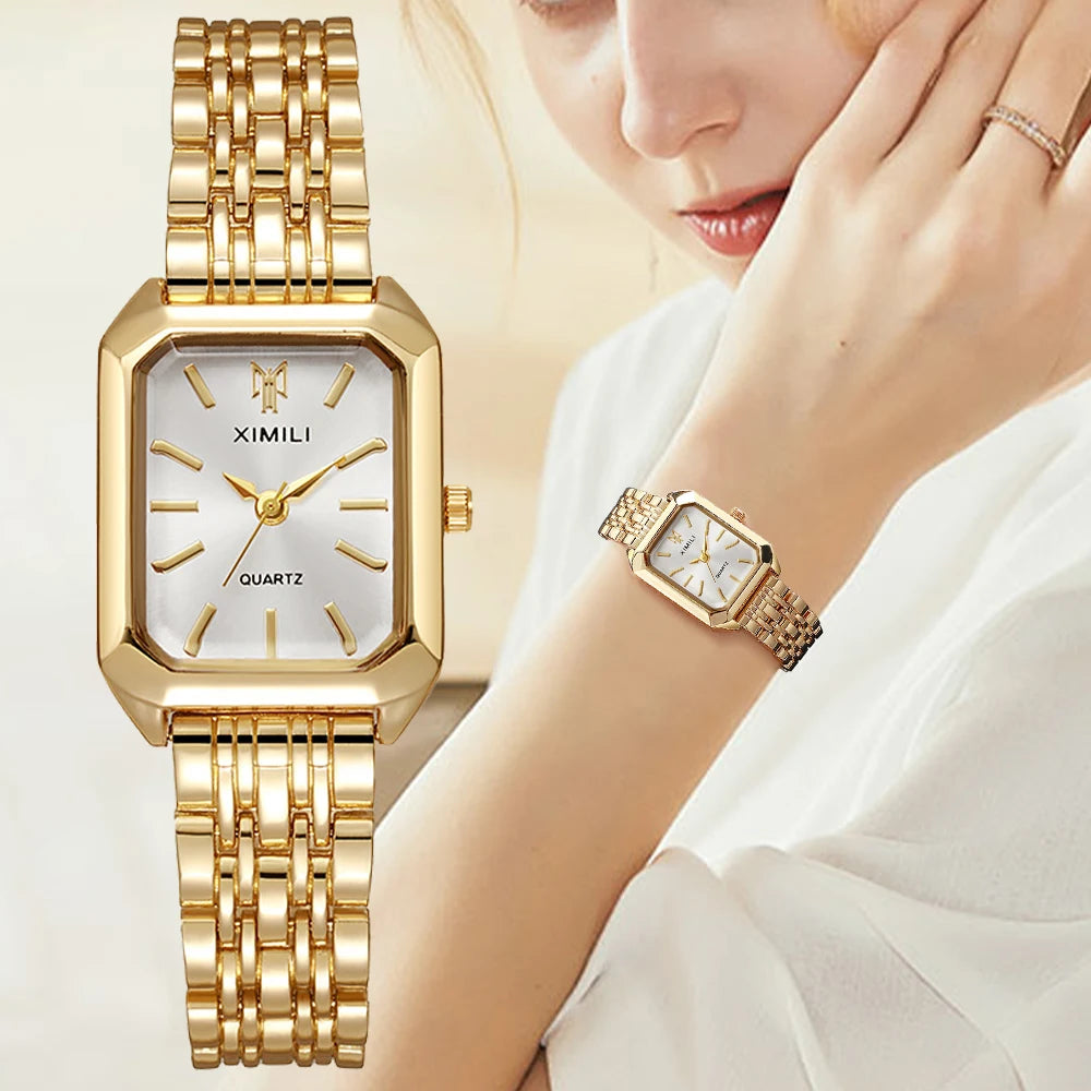 Reloj rectangular de cuarzo con correa de acero para mujer